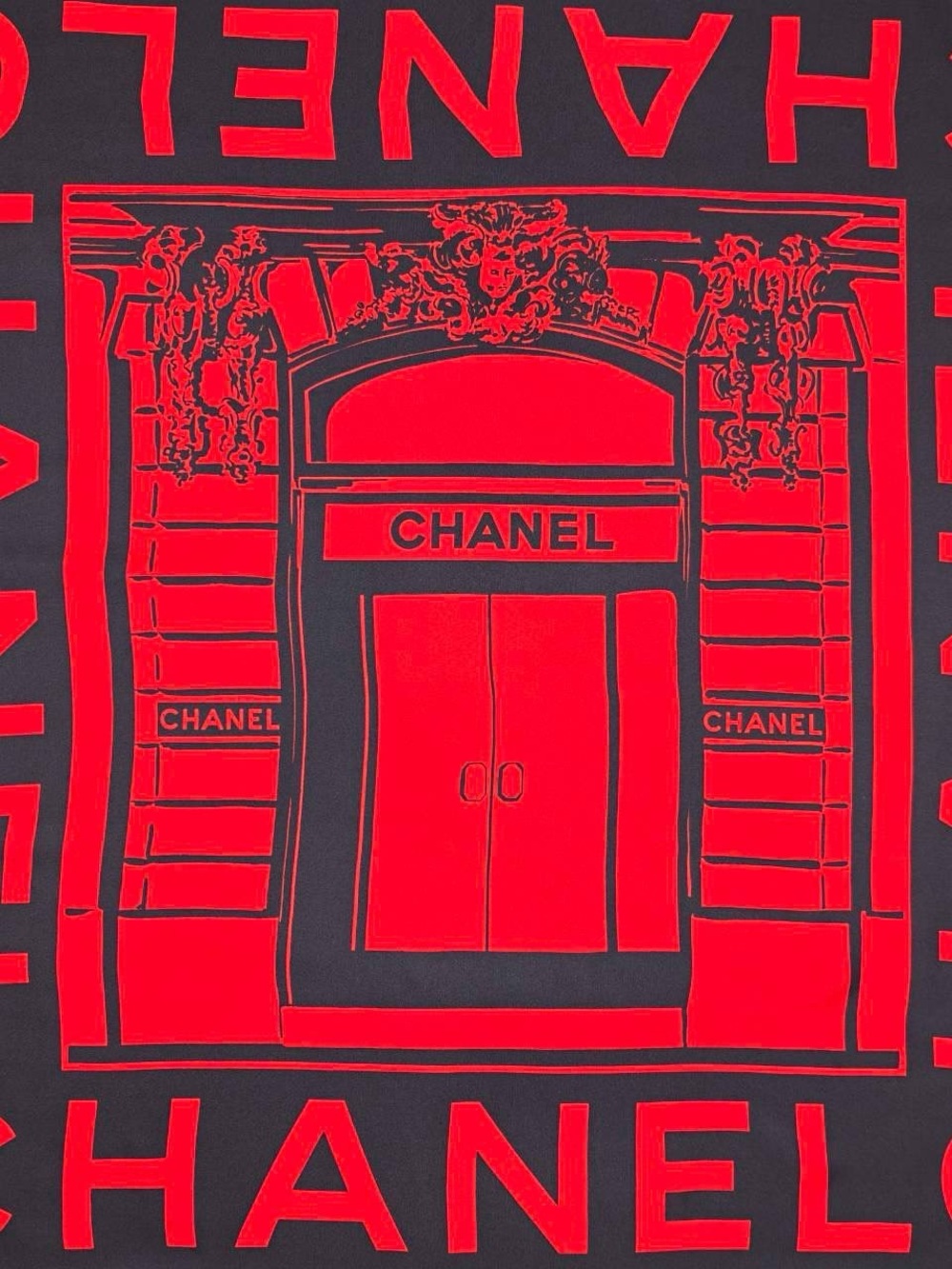 CHANEL Black and Red Boutique Door Graphic Scarf